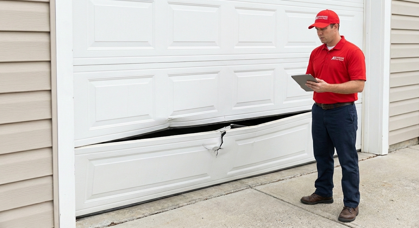 A1 Garage Door Repair technician inspecting a severely buckled and damaged bottom garage door panel..jpg in Charleston, SC